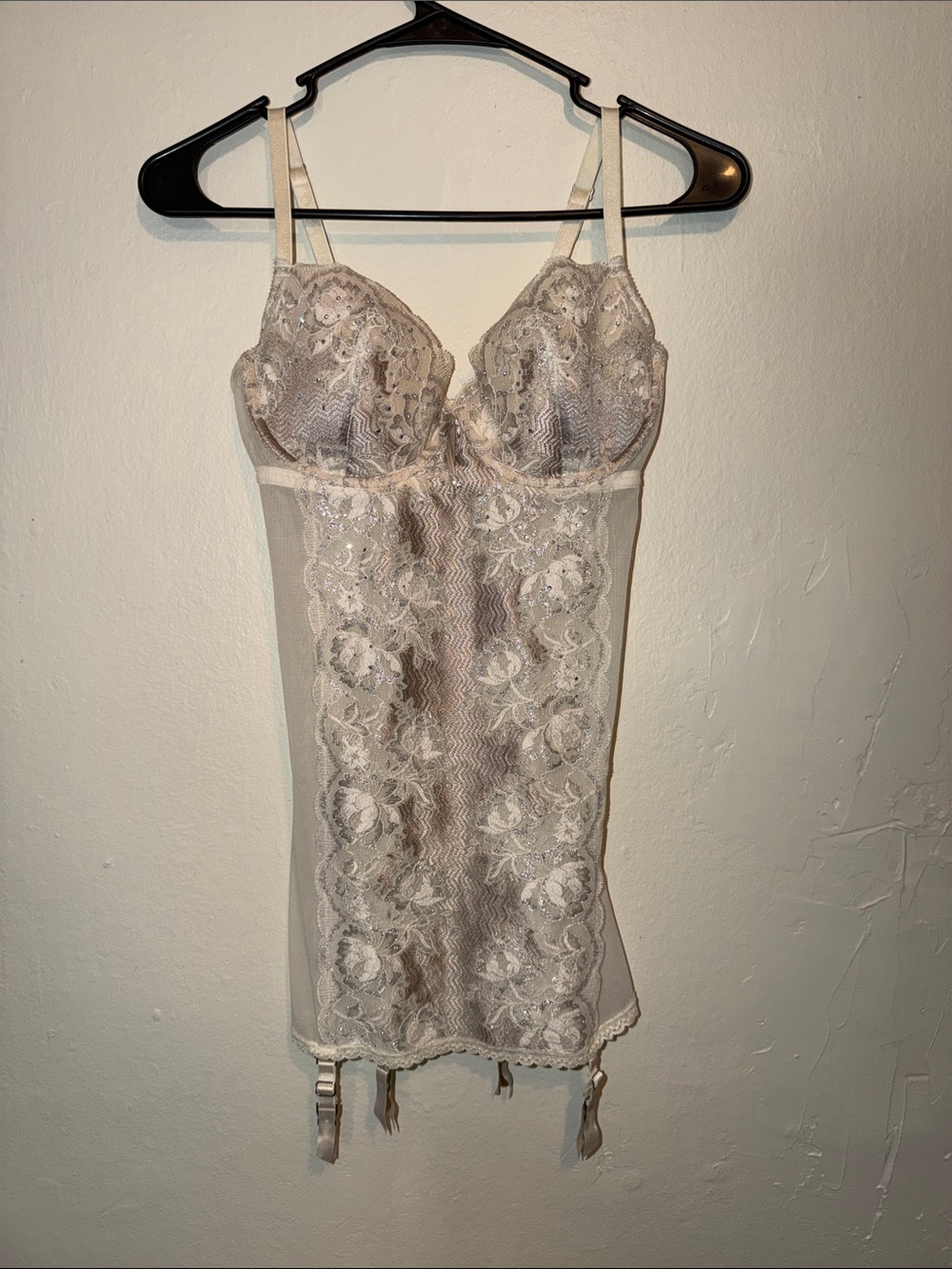 Victoria's Secret Ivory Lace Sheer Chemise with Garter Straps